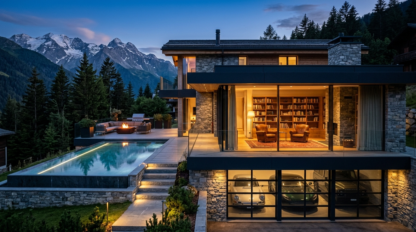Villa de montaña con luz cálida, biblioteca y terraza
